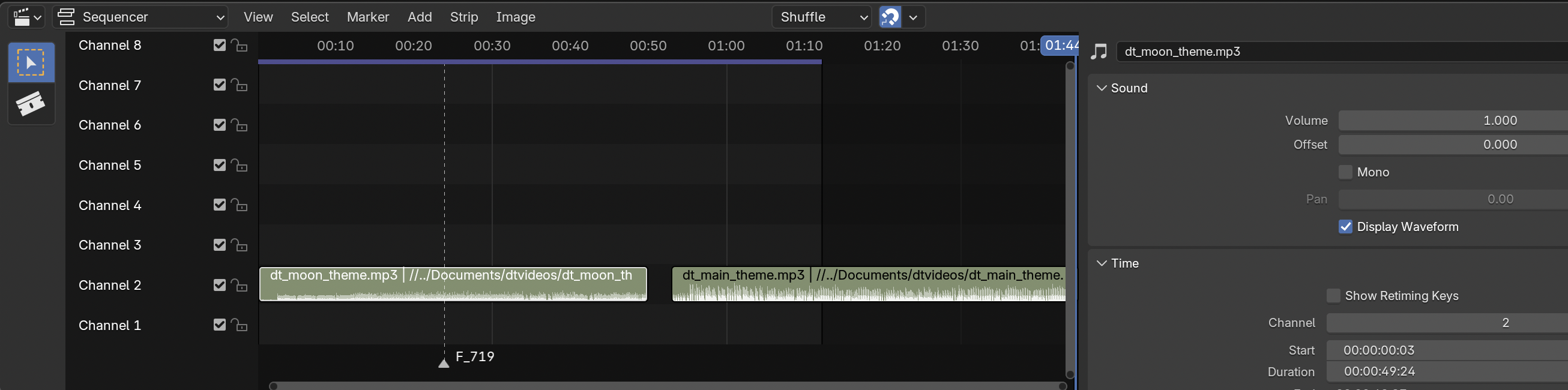 Image of the audio strips inside Blender's video sequence placed next to each other with a 3 second interval in-between