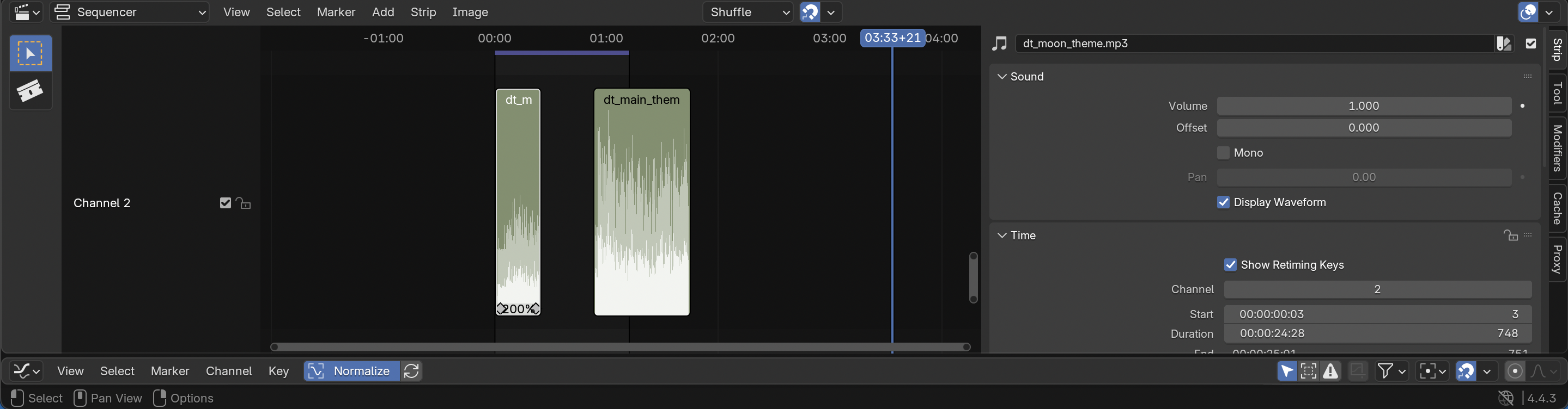 Image of the audio strips inside Blender's video sequence placed next to each other but the 1st clip has 2x playback speed